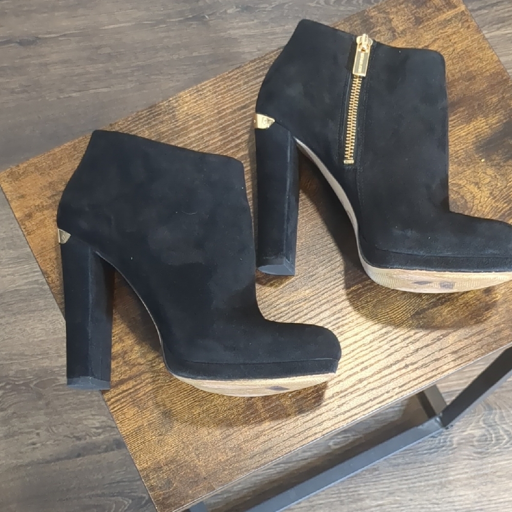 Michael Kors Black Suede Haven Platform Ankle Booties with Gold Accents - Picture 14 of 17
